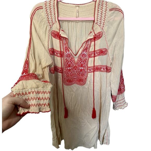 Free People Wind Willow Cashmere Dress Long Sleeve Mini Red Cream Size XS - Picture 5 of 11